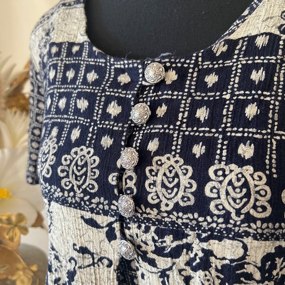 Vintage 90s Stuart Alan Boho Split Hem Geometric Floral Henley Button Dress P6 - Picture 4 of 13